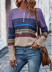 Multi Color tops,Tribal tops,Geometric tops,Button Tribal Print Multi Color T Shirt