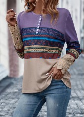 Multi Color tops,Tribal tops,Geometric tops,Button Tribal Print Multi Color T Shirt