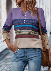 Multi Color tops,Tribal tops,Geometric tops,Button Tribal Print Multi Color T Shirt