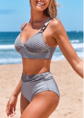 Grey swimwear,Plain Color swimwear,ROTITA Criss Cross Patchwork Grey Bikini Top