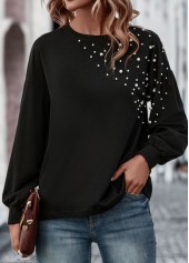 Pearl Black Round Neck Long Sleeve T Shirt