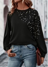 Black tops,Plain Color tops,Pearl Black Round Neck Long Sleeve T Shirt