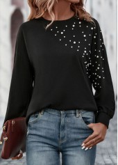 Black tops,Plain Color tops,Pearl Black Round Neck Long Sleeve T Shirt