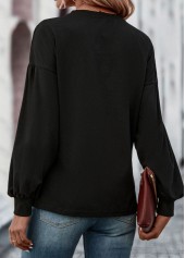 Black tops,Plain Color tops,Pearl Black Round Neck Long Sleeve T Shirt