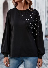 Black tops,Plain Color tops,Pearl Black Round Neck Long Sleeve T Shirt