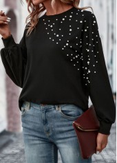 Black tops,Plain Color tops,Pearl Black Round Neck Long Sleeve T Shirt
