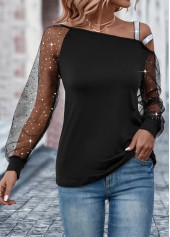 Black tops,Plain Color tops,Patchwork Black Asymmetrical Neck Long Sleeve T Shirt