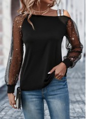 Patchwork Black Asymmetrical Neck Long Sleeve T Shirt