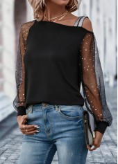 Black tops,Plain Color tops,Patchwork Black Asymmetrical Neck Long Sleeve T Shirt