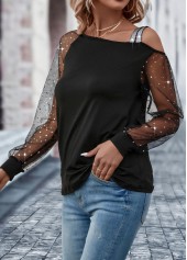 Black tops,Plain Color tops,Patchwork Black Asymmetrical Neck Long Sleeve T Shirt