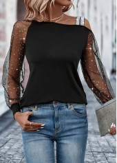 Black tops,Plain Color tops,Patchwork Black Asymmetrical Neck Long Sleeve T Shirt