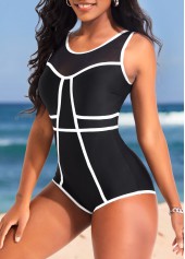 Black swimwear,Plain Color swimwear,ROTITA Cutout Contrast Binding Black One Piece Swimwear