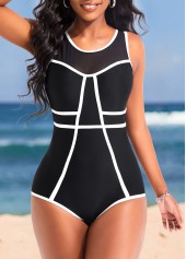 Black swimwear,Plain Color swimwear,ROTITA Cutout Contrast Binding Black One Piece Swimwear