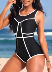 Black swimwear,Plain Color swimwear,ROTITA Cutout Contrast Binding Black One Piece Swimwear