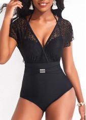 Black swimwear,Plain Color swimwear,ROTITA Tie Back Lace Black One Piece Swimwear