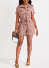 Light Camel jumpsuits & rompers,Plain Color jumpsuits & rompers,ROTITA Button Light Camel Shirt Collar Romper