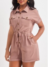 Light Camel jumpsuits & rompers,Plain Color jumpsuits & rompers,ROTITA Button Light Camel Shirt Collar Romper