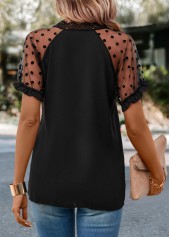 Black tops,Plain Color tops,Lace Black V Neck Short Sleeve T Shirt