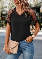 Black tops,Plain Color tops,Lace Black V Neck Short Sleeve T Shirt