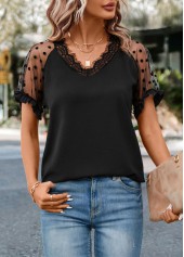 Black tops,Plain Color tops,Lace Black V Neck Short Sleeve T Shirt