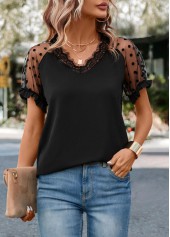 Black tops,Plain Color tops,Lace Black V Neck Short Sleeve T Shirt