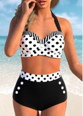 Patchwork White Polka Dot Bikini Set