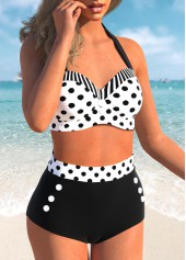 White swimwear,Black swimwear,Dot swimwear,ROTITA Patchwork White Polka Dot Bikini Top