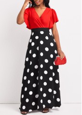 Black dresses,Red dresses,Dot dresses,ROTITA Patchwork Polka Dot Black V Neck Maxi Dress