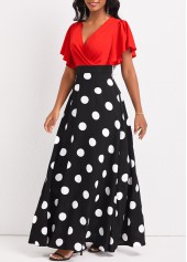 Black dresses,Red dresses,Dot dresses,ROTITA Patchwork Polka Dot Black V Neck Maxi Dress