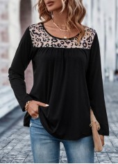 Black tops,Leopard tops,Patchwork Leopard Black Round Neck T Shirt