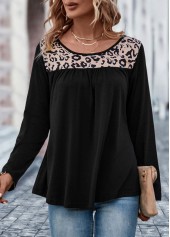 Patchwork Leopard Black Round Neck T Shirt