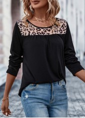 Black tops,Leopard tops,Patchwork Leopard Black Round Neck T Shirt