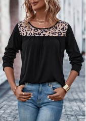 Black tops,Leopard tops,Patchwork Leopard Black Round Neck T Shirt