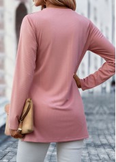 Light Pink tops,Plain Color tops,Button Light Pink Round Neck T Shirt