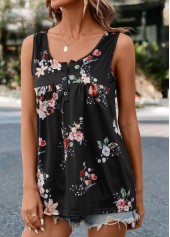 Black tops,Floral tops,Floral Print Black Scoop Neck Tank Top