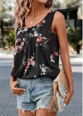 Black tops,Floral tops,Floral Print Black Scoop Neck Tank Top