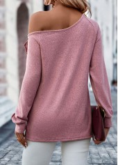Pink tops,Plain Color tops,Button Pink Asymmetrical Neck Long Sleeve T Shirt