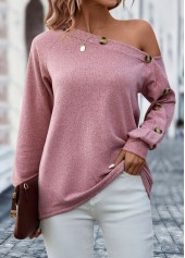 Pink tops,Plain Color tops,Button Pink Asymmetrical Neck Long Sleeve T Shirt