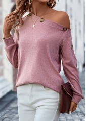 Pink tops,Plain Color tops,Button Pink Asymmetrical Neck Long Sleeve T Shirt