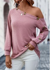 Pink tops,Plain Color tops,Button Pink Asymmetrical Neck Long Sleeve T Shirt