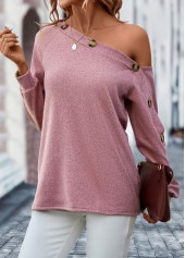 Button Pink Asymmetrical Neck Long Sleeve T Shirt