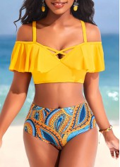 Yellow swimwear,Paisley swimwear,Dot swimwear,Tribal swimwear,ROTITA Ruffle Yellow Paisley Print Mid Waisted Bikini Set