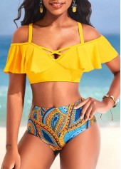 ROTITA Ensemble de bikini taille mi-haute à imprimé cachemire jaune à volants