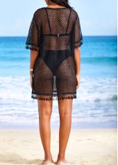 Black swimwear,Plain Color swimwear,Mesh Tassel Round Neck Black Cover Up