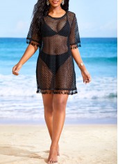 Black swimwear,Plain Color swimwear,Mesh Tassel Round Neck Black Cover Up