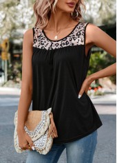Black tops,Leopard tops,Animal Print tops,Patchwork Leopard Black Round Neck Tank Top