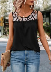 Black tops,Leopard tops,Animal Print tops,Patchwork Leopard Black Round Neck Tank Top