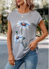 Light Grey Marl tops,Floral tops,Plants tops,Floral Print Light Grey Marl T Shirt