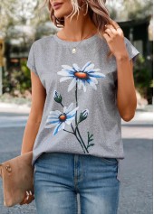 Light Grey Marl tops,Floral tops,Plants tops,Floral Print Light Grey Marl T Shirt