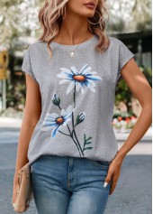 Light Grey Marl tops,Floral tops,Plants tops,Floral Print Light Grey Marl T Shirt